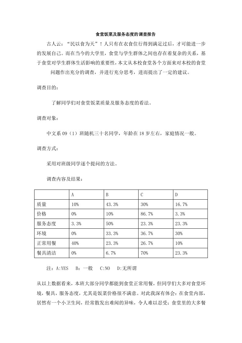 食堂饭菜及服务态度的调查报告