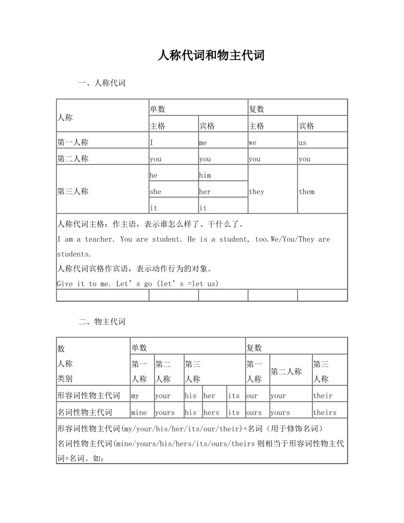 人称代词和物主代词