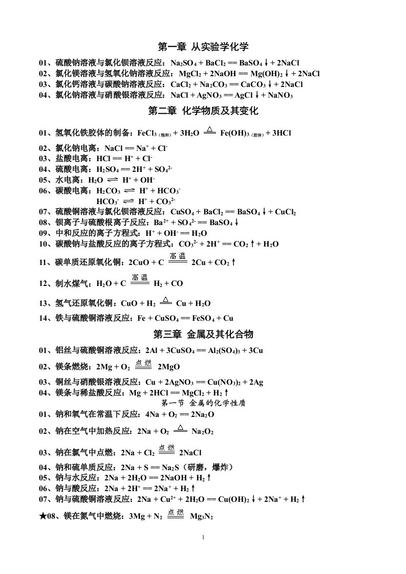 高中化学必修1方程式汇总