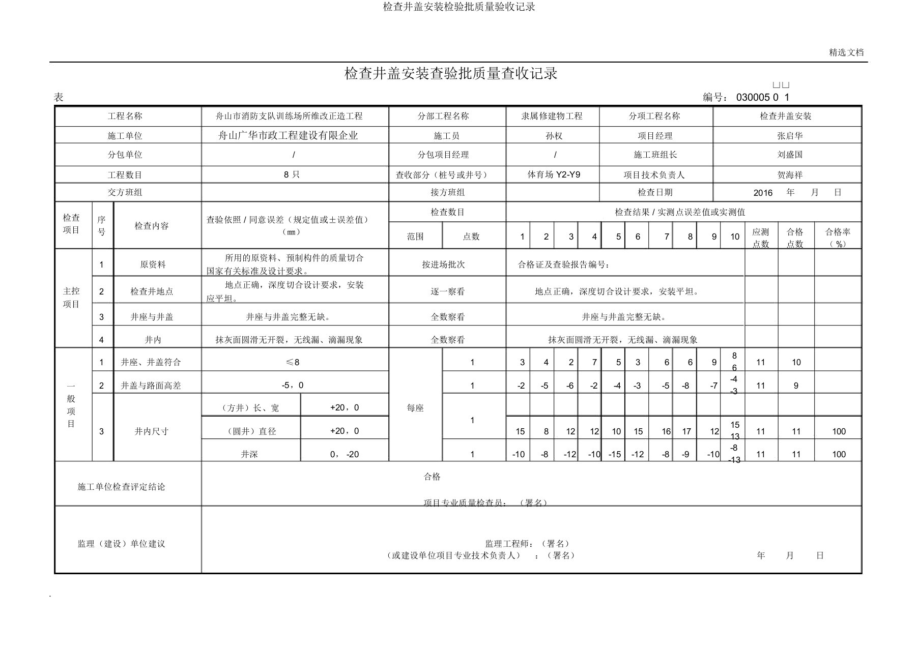 检查井盖安装检验批质量验收记录