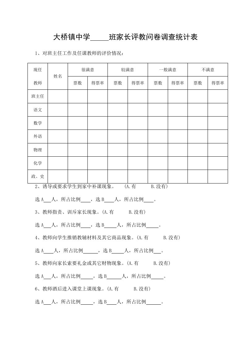 大桥镇中学班家长评教问卷调查统计表