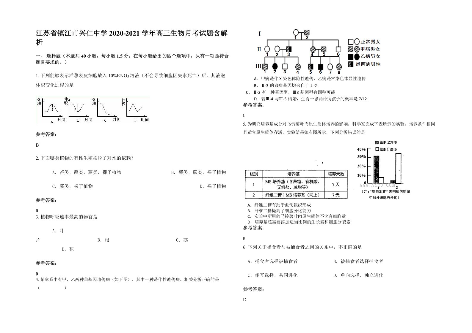 江苏省镇江市兴仁中学2020-2021学年高三生物月考试题含解析