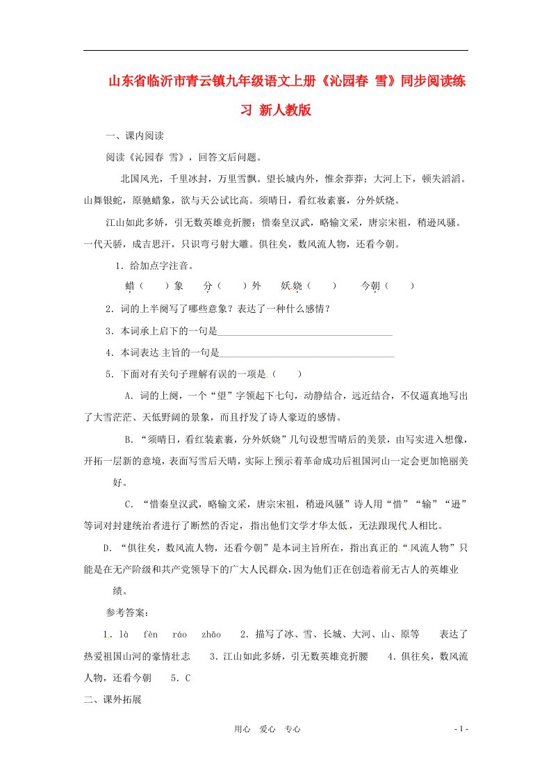 山东省临沂市青云镇九年级语文上册沁园春雪同步阅读练习新人教版