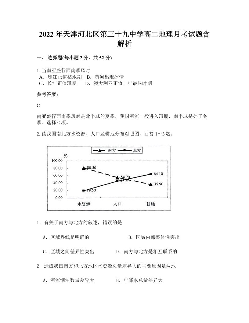 2022年天津河北区第三十九中学高二地理月考试题含解析