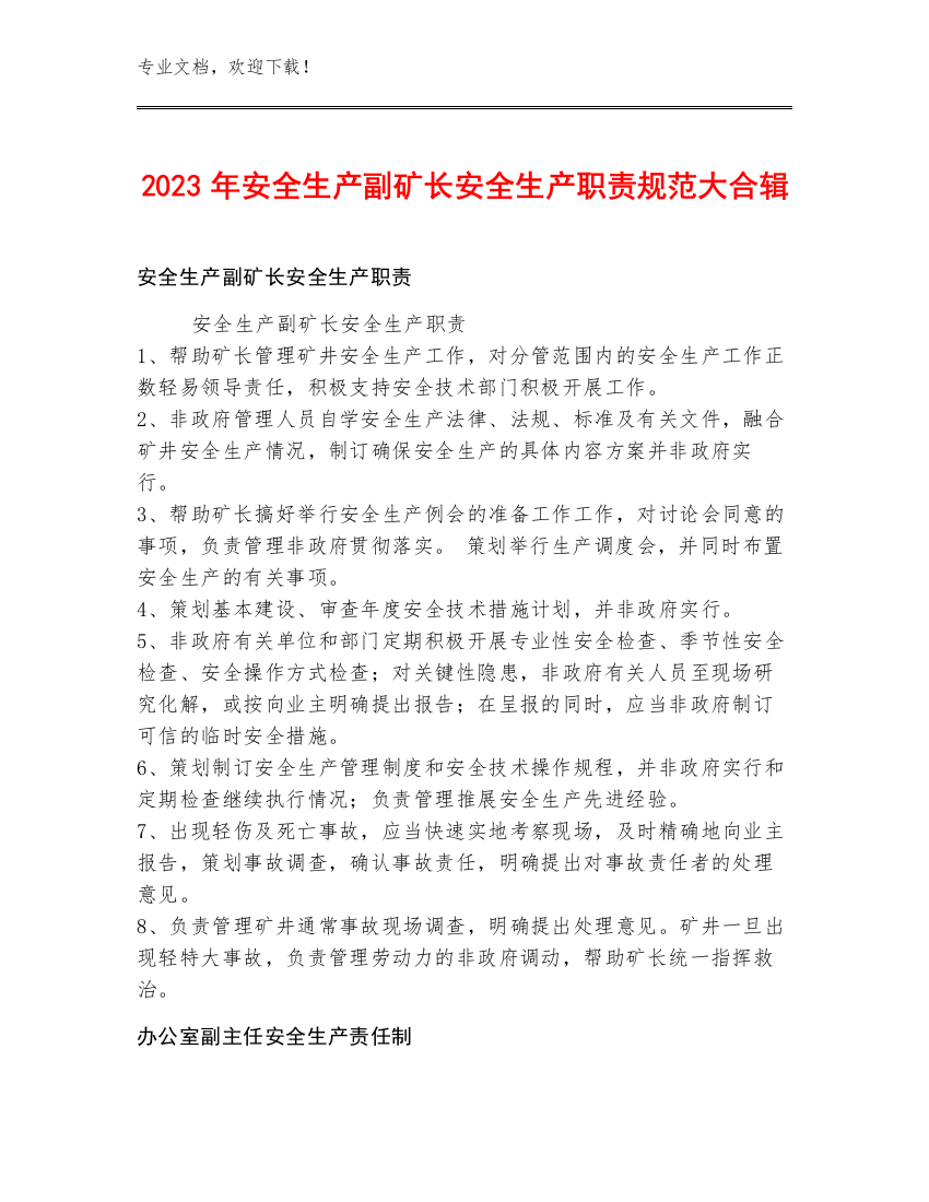 2023年安全生产副矿长安全生产职责规范大合辑