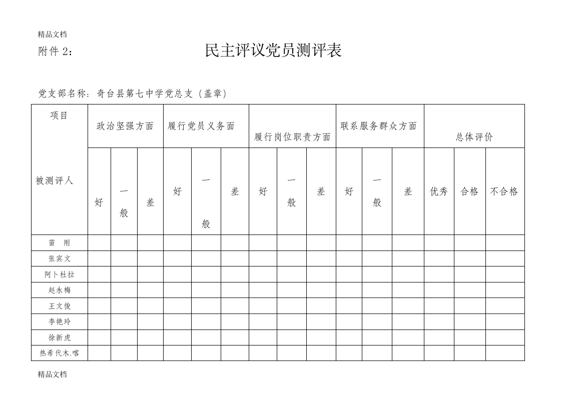 群众测评--民主评议党员测评表