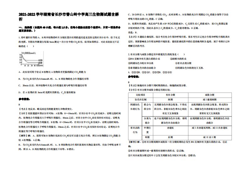 2021-2022学年湖南省长沙市善山岭中学高三生物测试题含解析