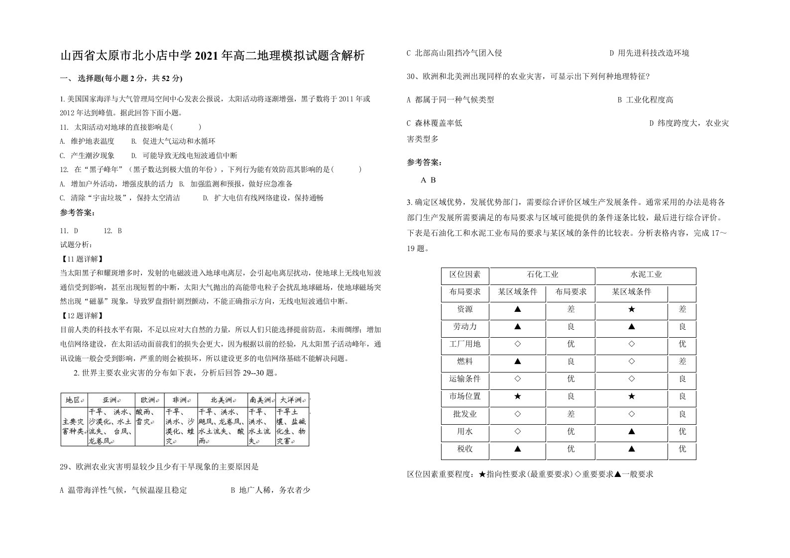 山西省太原市北小店中学2021年高二地理模拟试题含解析