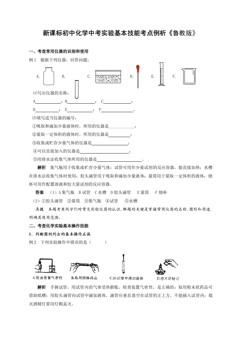 新课标初中化学中考实验基本技能考点例析鲁教版