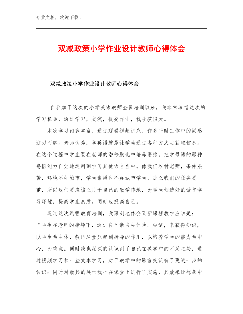 双减政策小学作业设计教师心得体会优选例文23篇