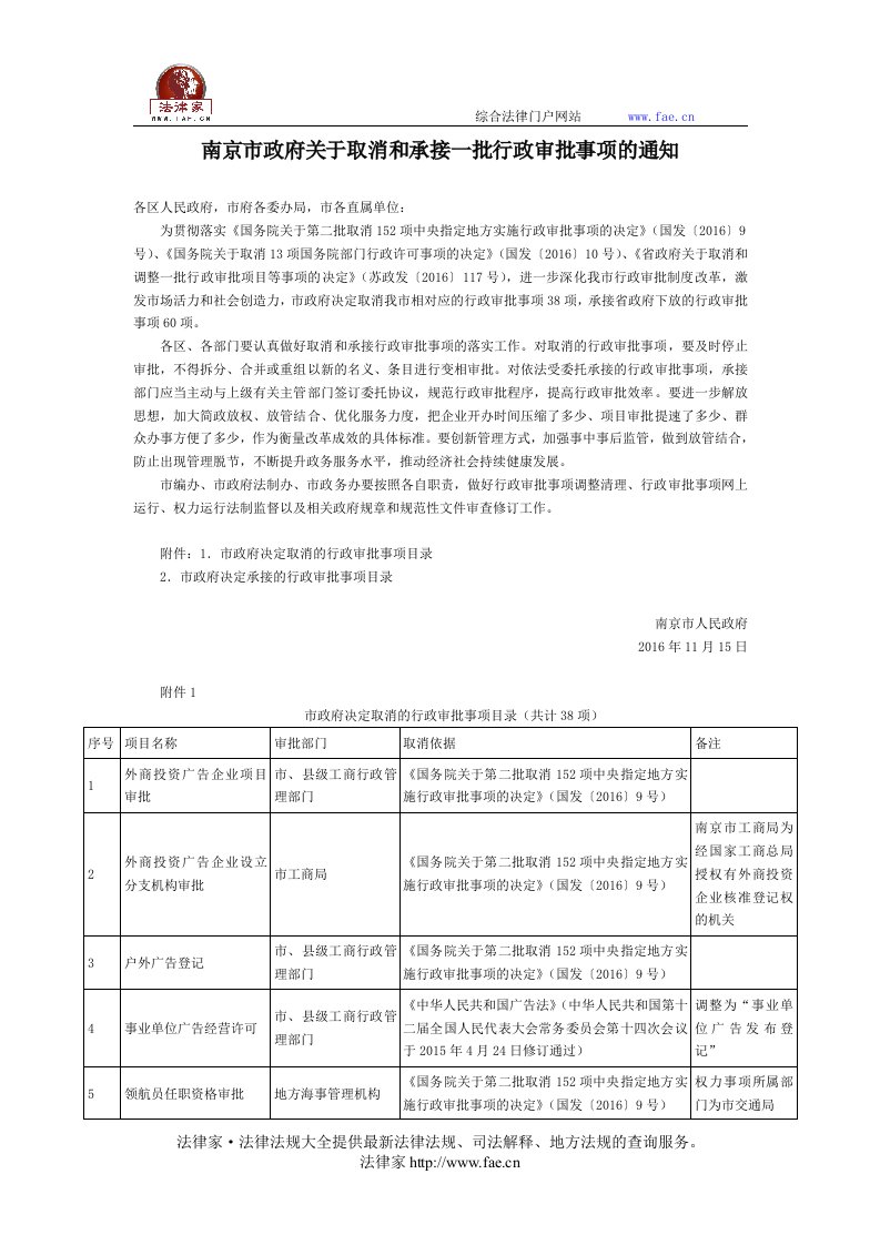 南京市政府关于取消与承接一批行政审批事项的通知地方规范性文件