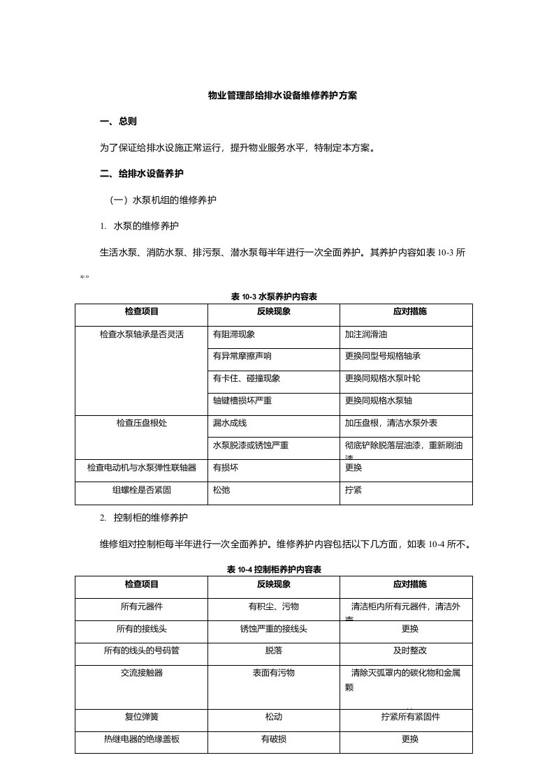 物业管理部给排水设备维修养护方案