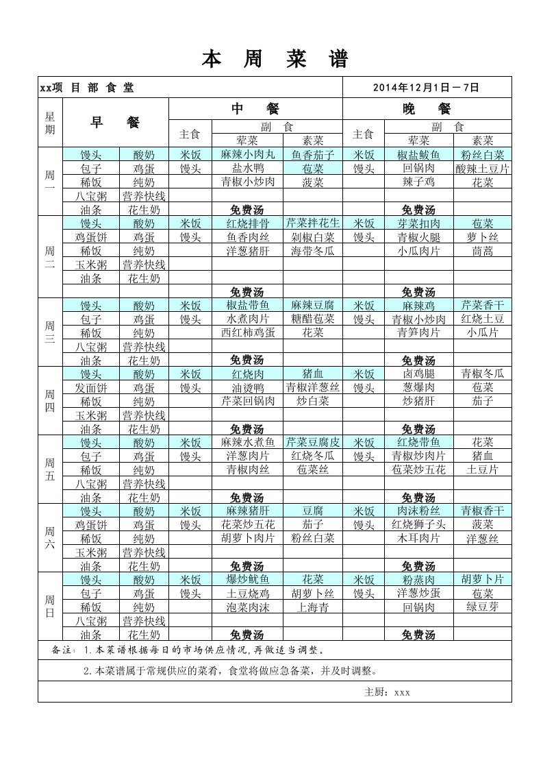 大型施工项目一周菜谱