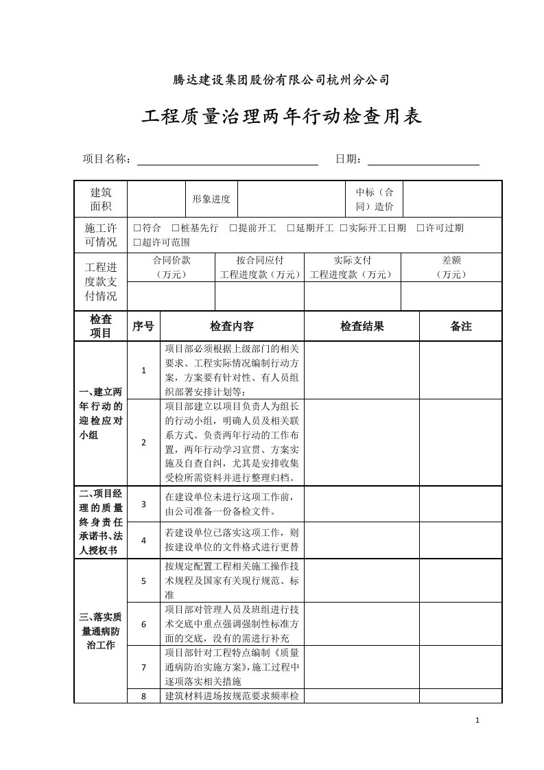 工程质量治理两年行动检查表