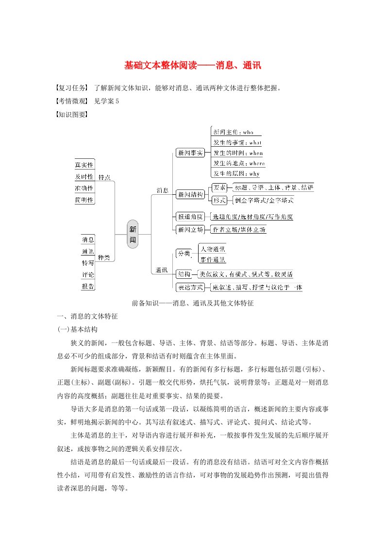 宁陕蒙青川2024届高考语文一轮复习学案板块二实用类阅读6基础文本整体阅读__消息通讯