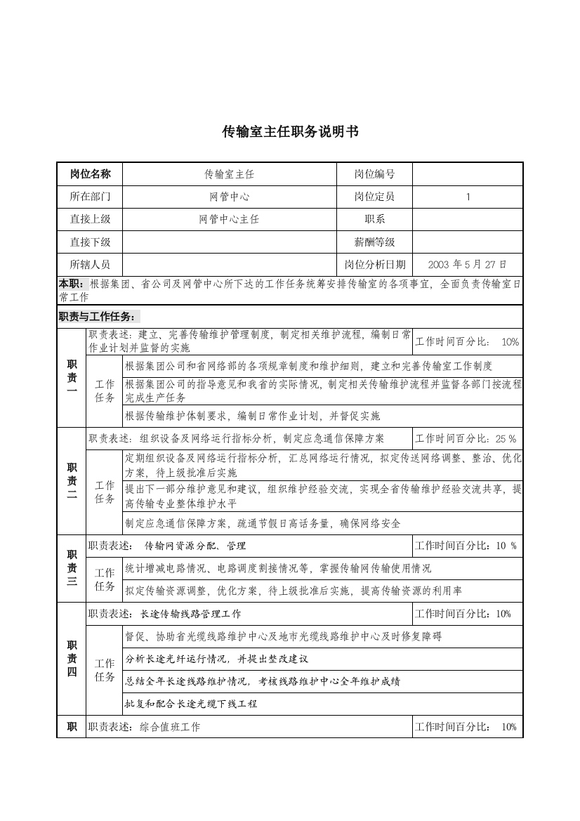 材料行业-网管中心-传输室主任岗位说明书