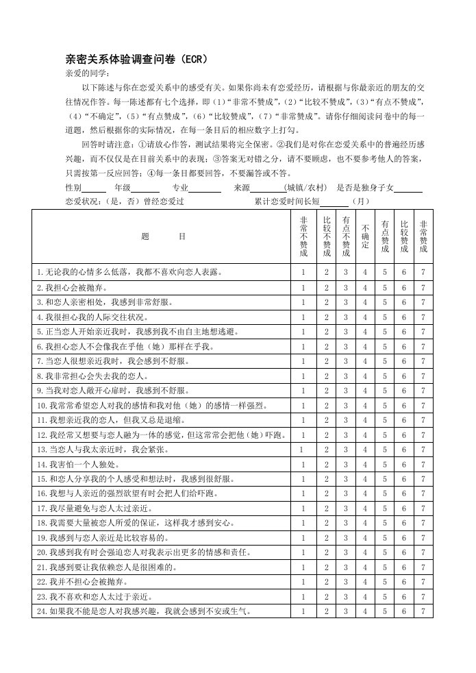 亲密关系体验调查问卷(ECR)