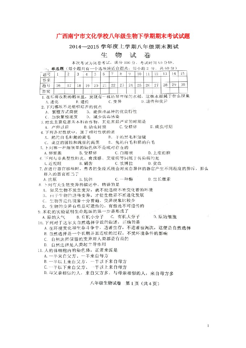 广西南宁市文化学校八级生物下学期期末考试试题（扫描版）