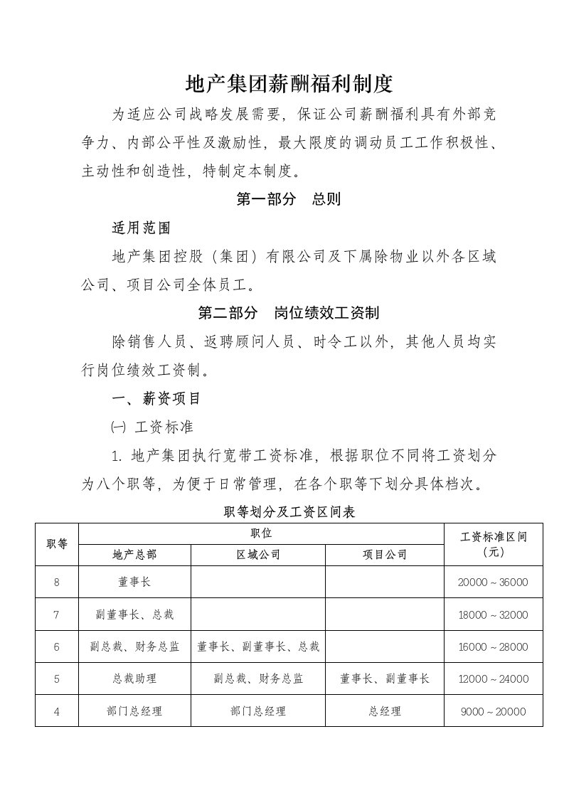 国内某地产集团薪酬福利制度