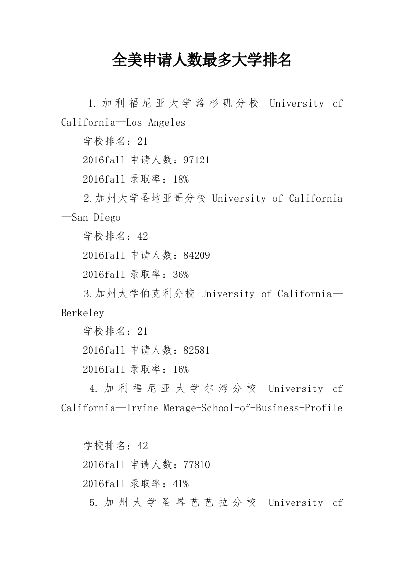 全美申请人数最多大学排名