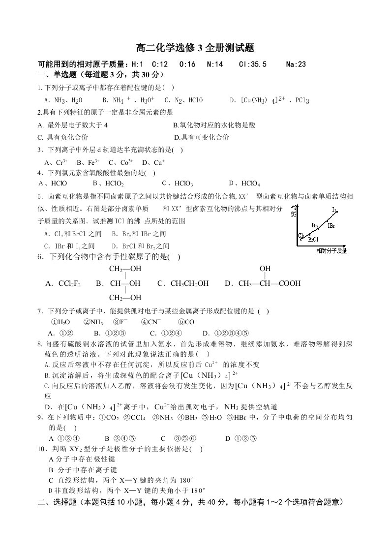 高二化学选修3全册测试题