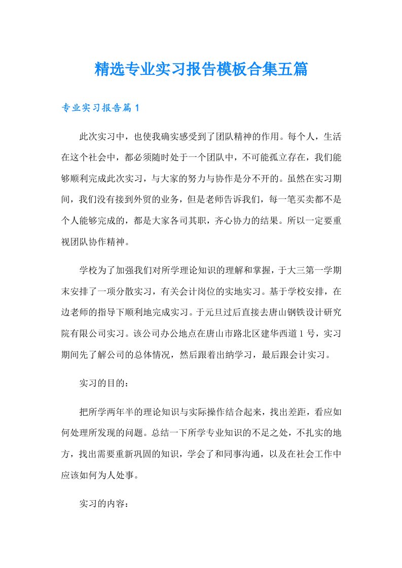 精选专业实习报告模板合集五篇