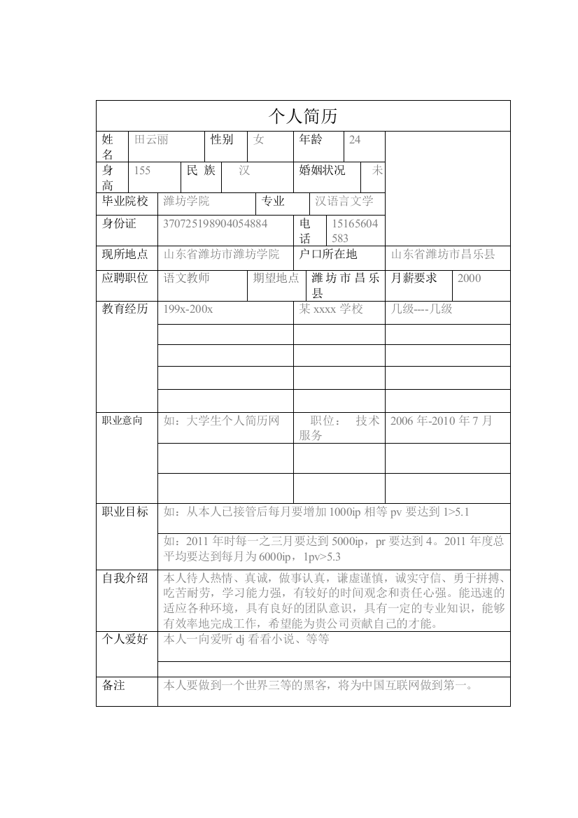 大学生个人简历模板、个人简历表格模板