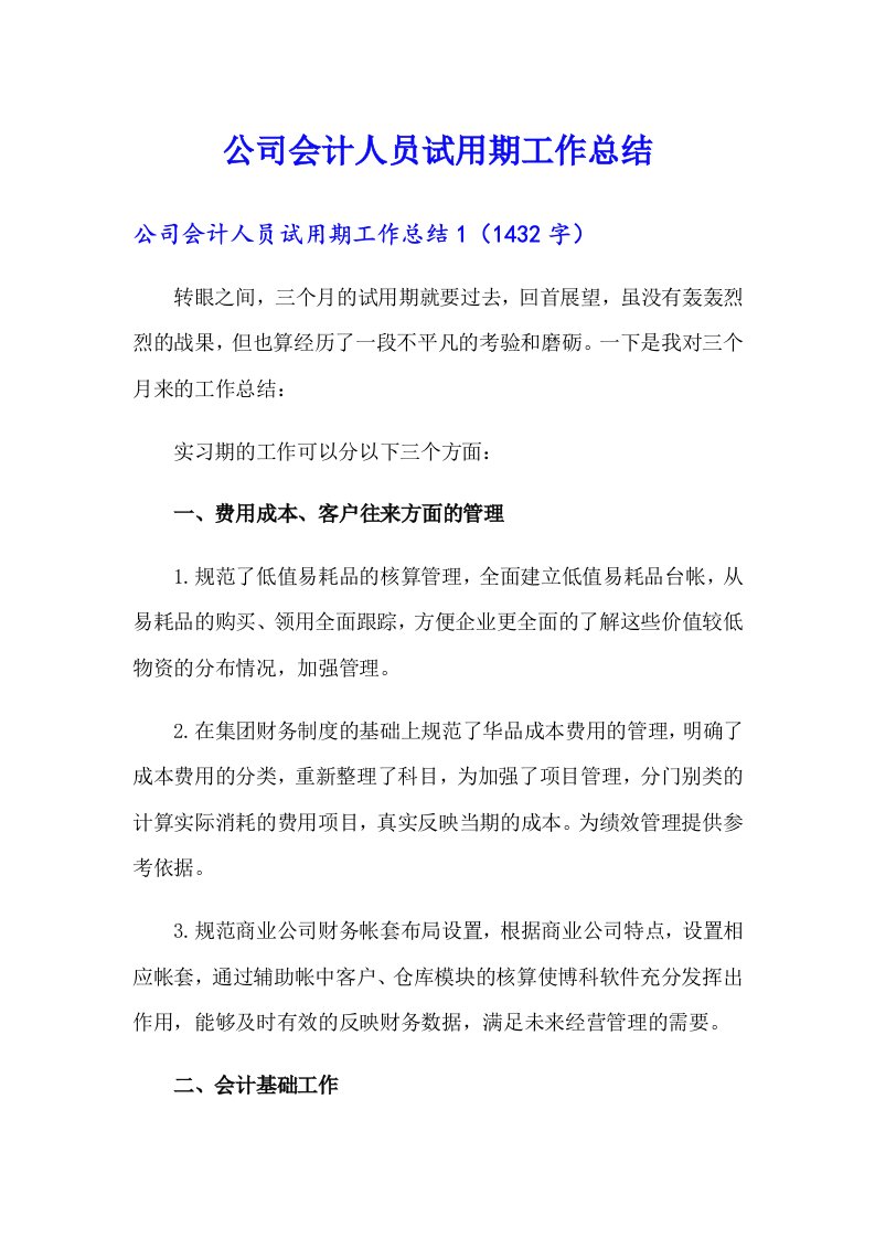 公司会计人员试用期工作总结