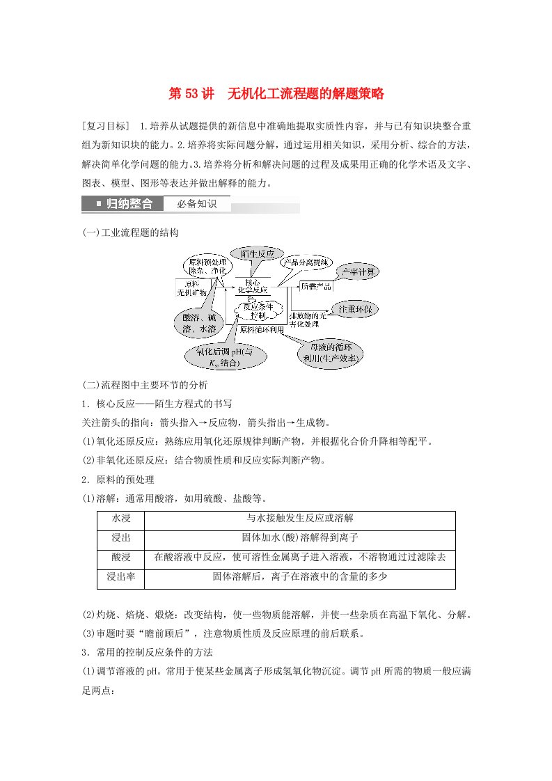 新教材宁陕2024届高考化学一轮复习学案第8章物质在水溶液中的行为第53讲无机化工流程题的解题策略鲁科版