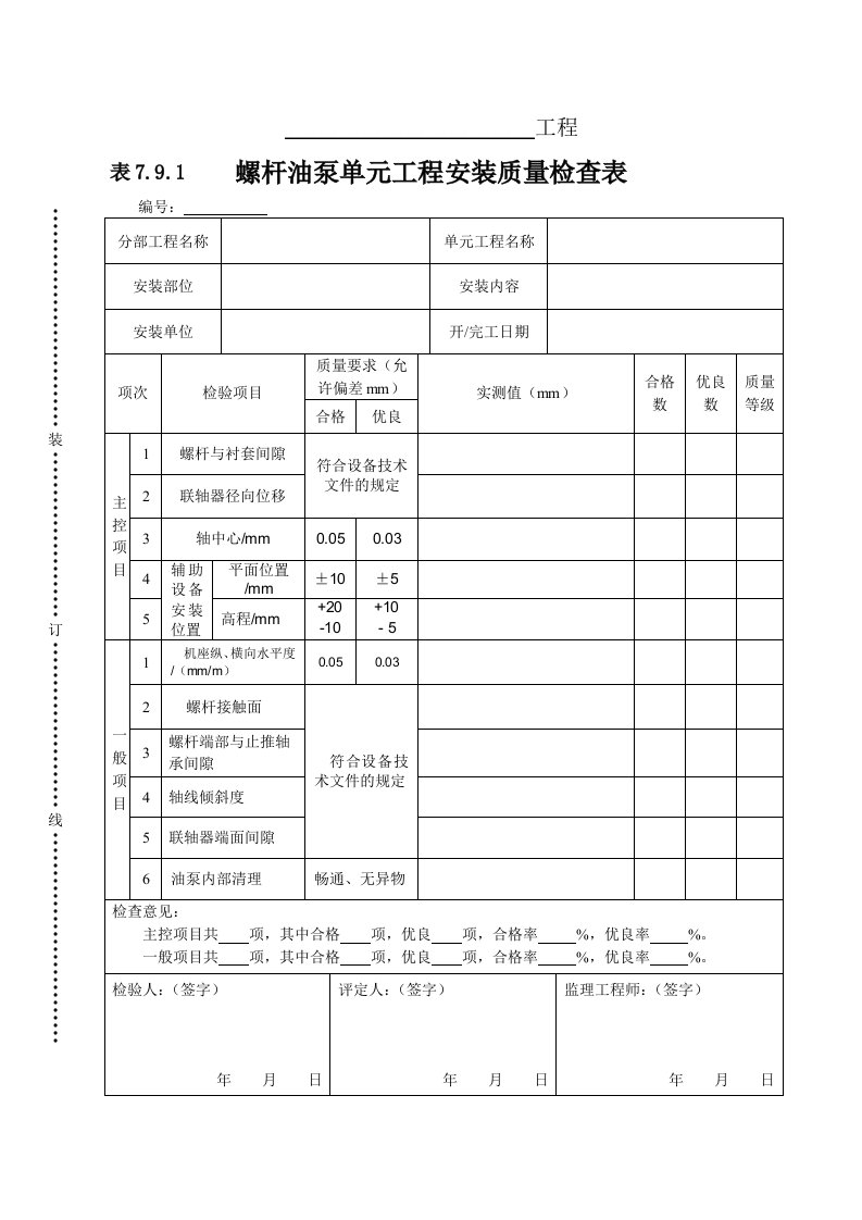 建筑资料-表791螺杆油泵单元工程安装质量检查表