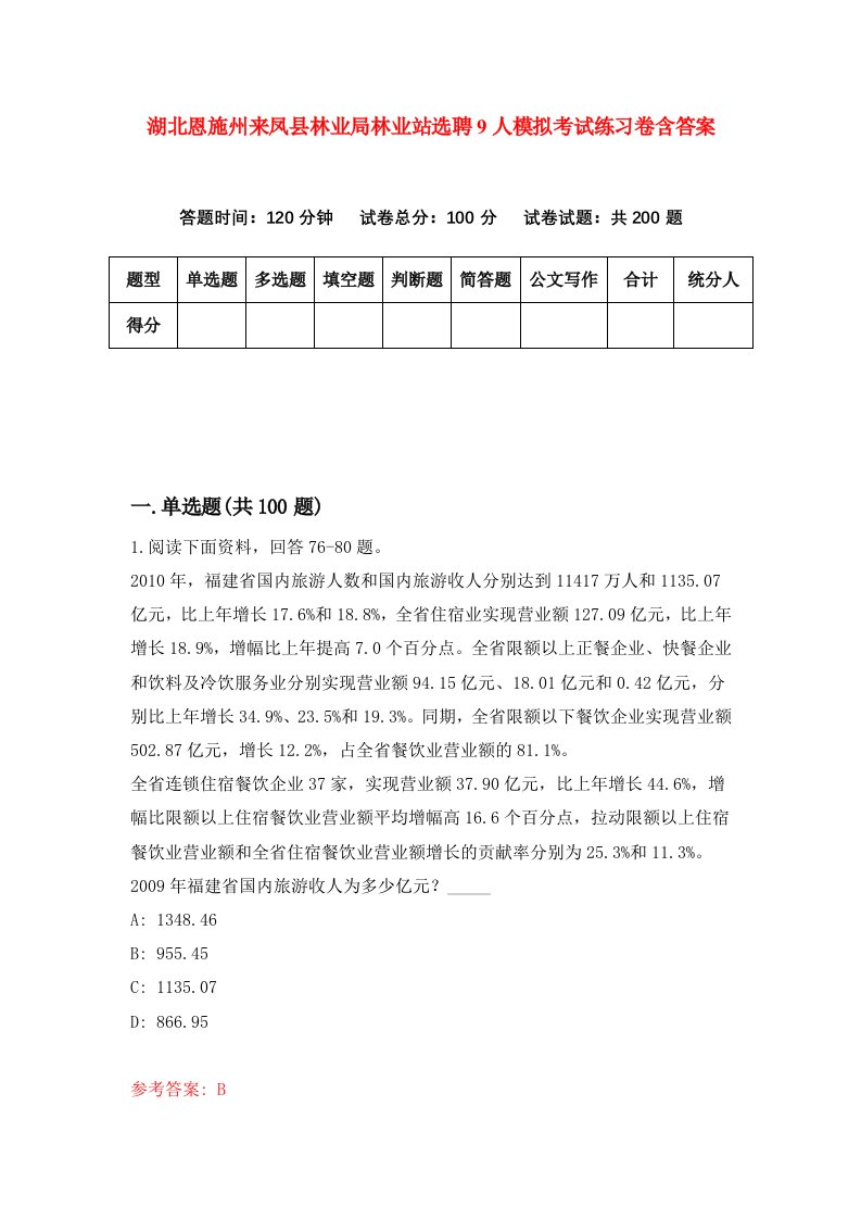 湖北恩施州来凤县林业局林业站选聘9人模拟考试练习卷含答案3