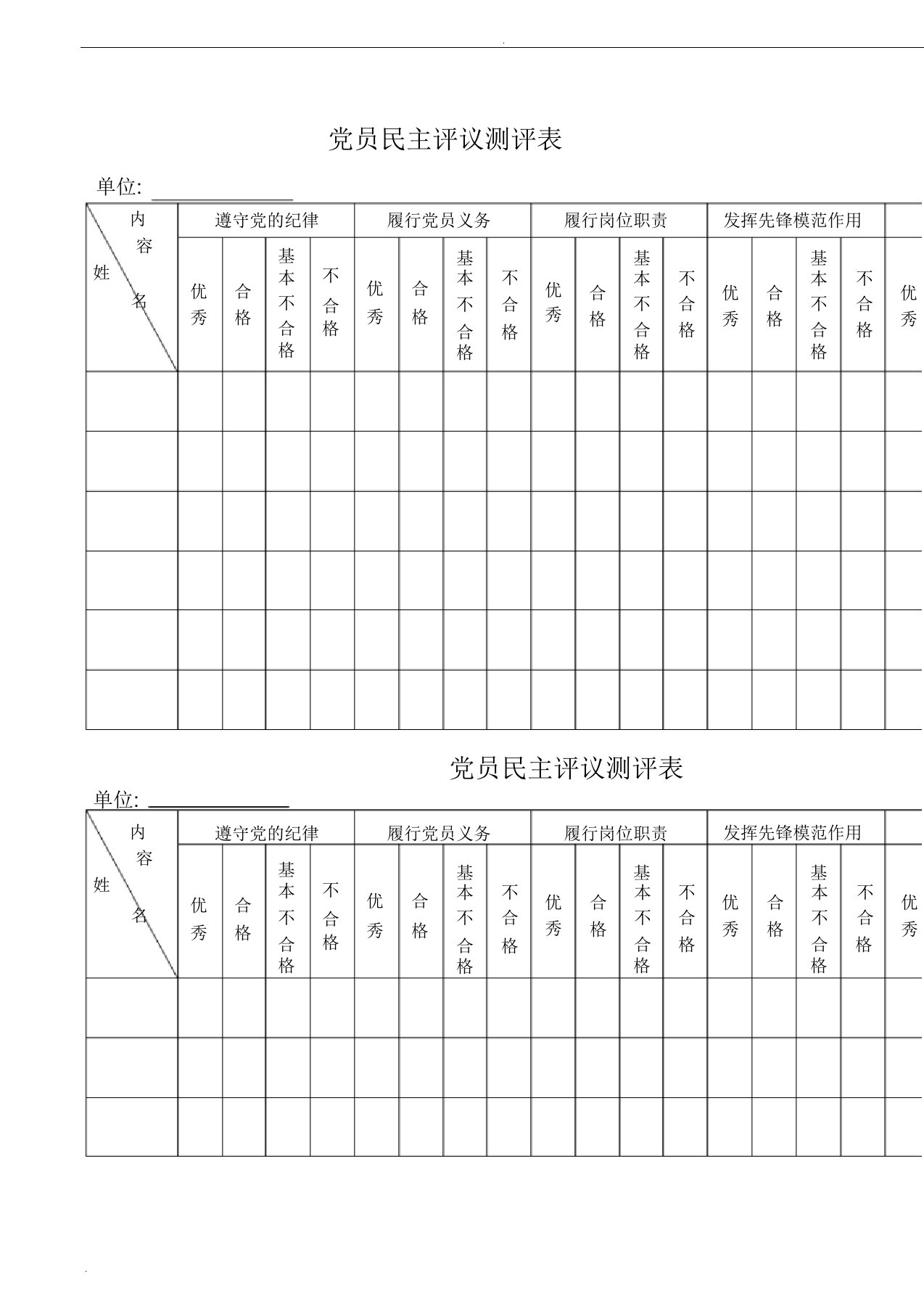 党员民主评议测评表模板