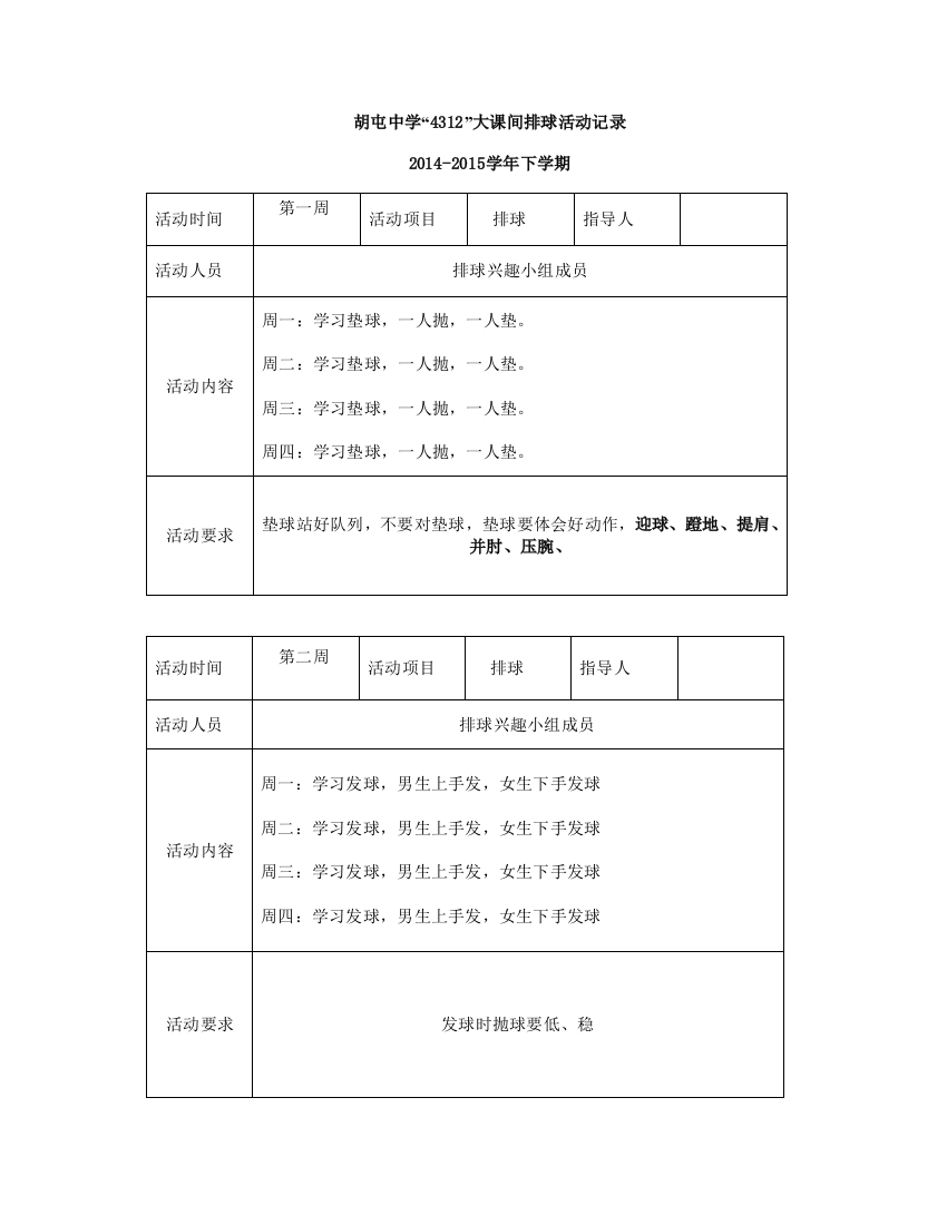 课外活动排球兴趣小组活动记录