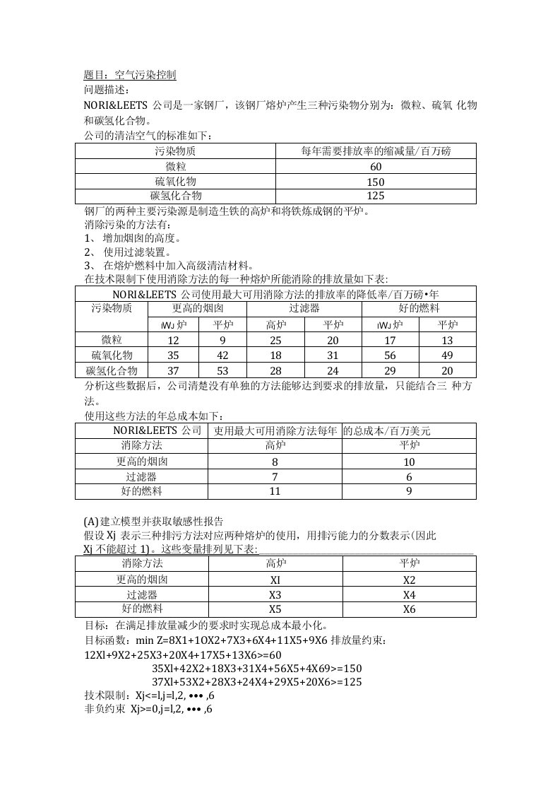 运筹学案例：控制空气污染