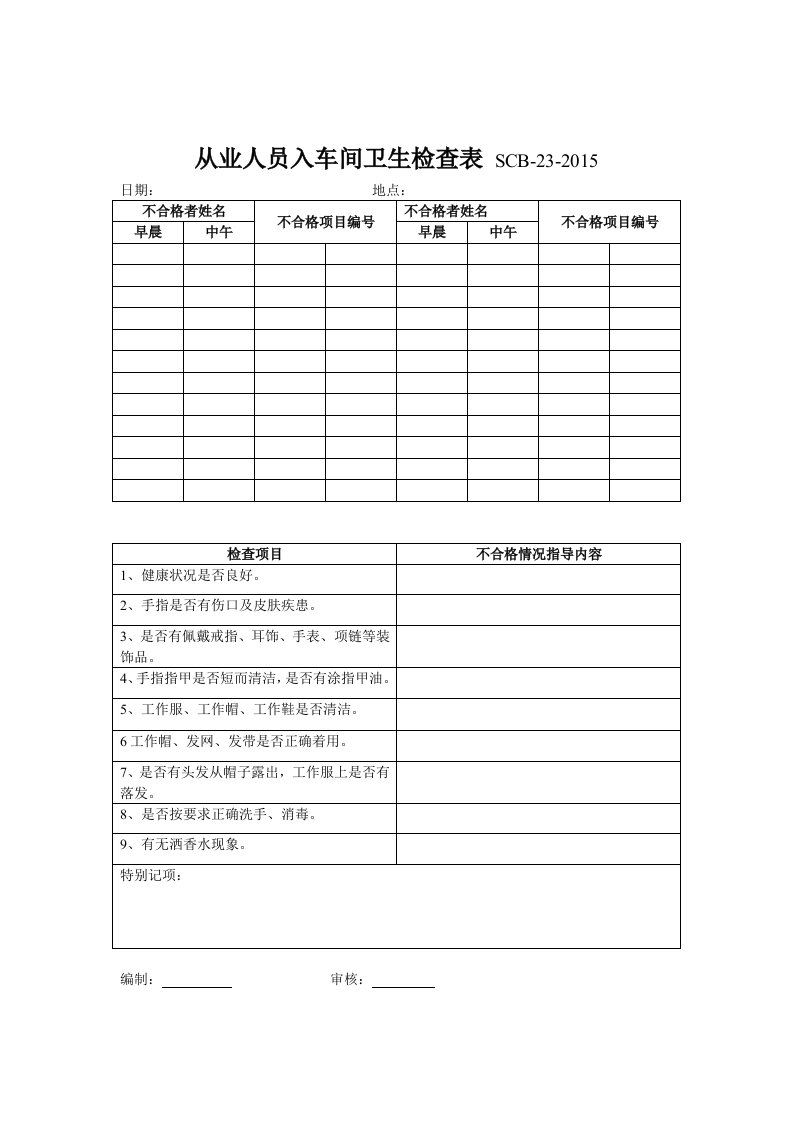 从业人员入车间卫生检查表