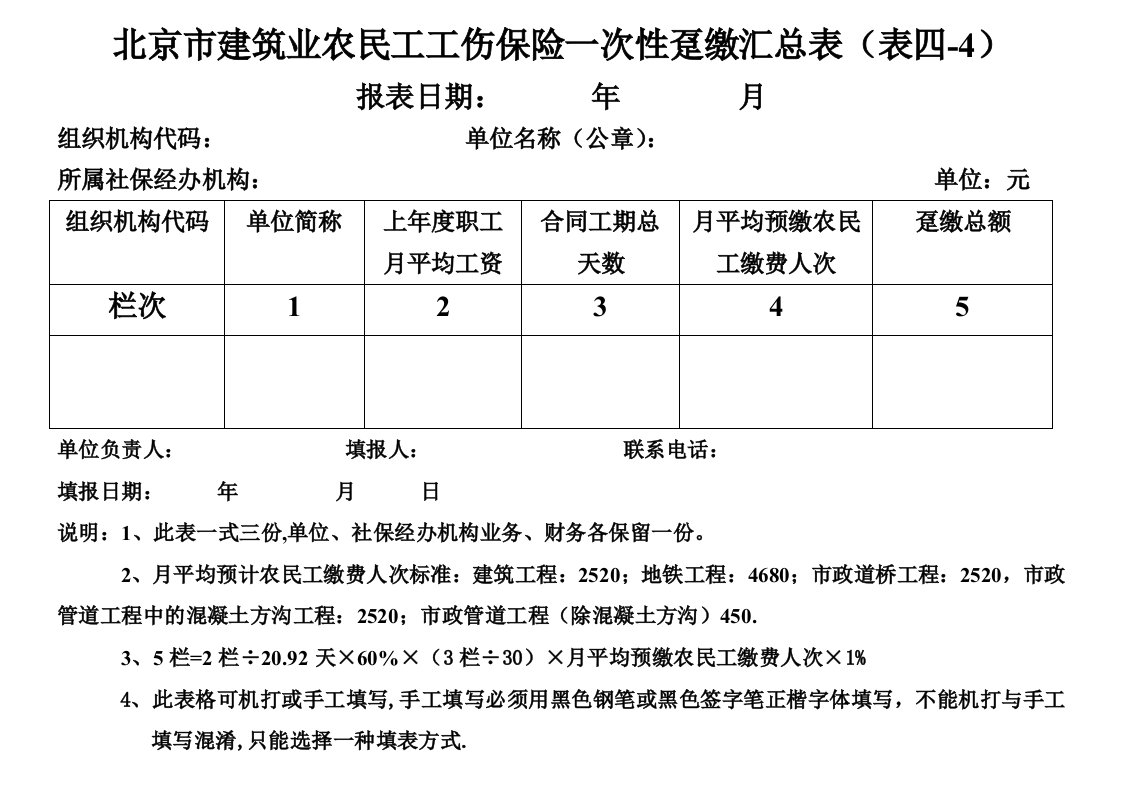 北京市建筑业农民工工伤保险一次性趸缴汇总表(表四-4)