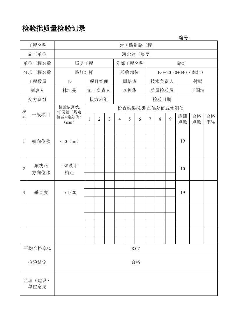 道路路灯灯杆安装检验批