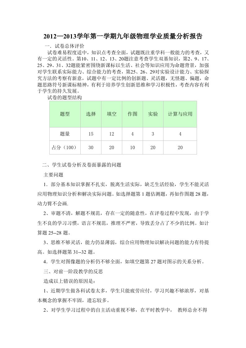 初三物理质量分析报告