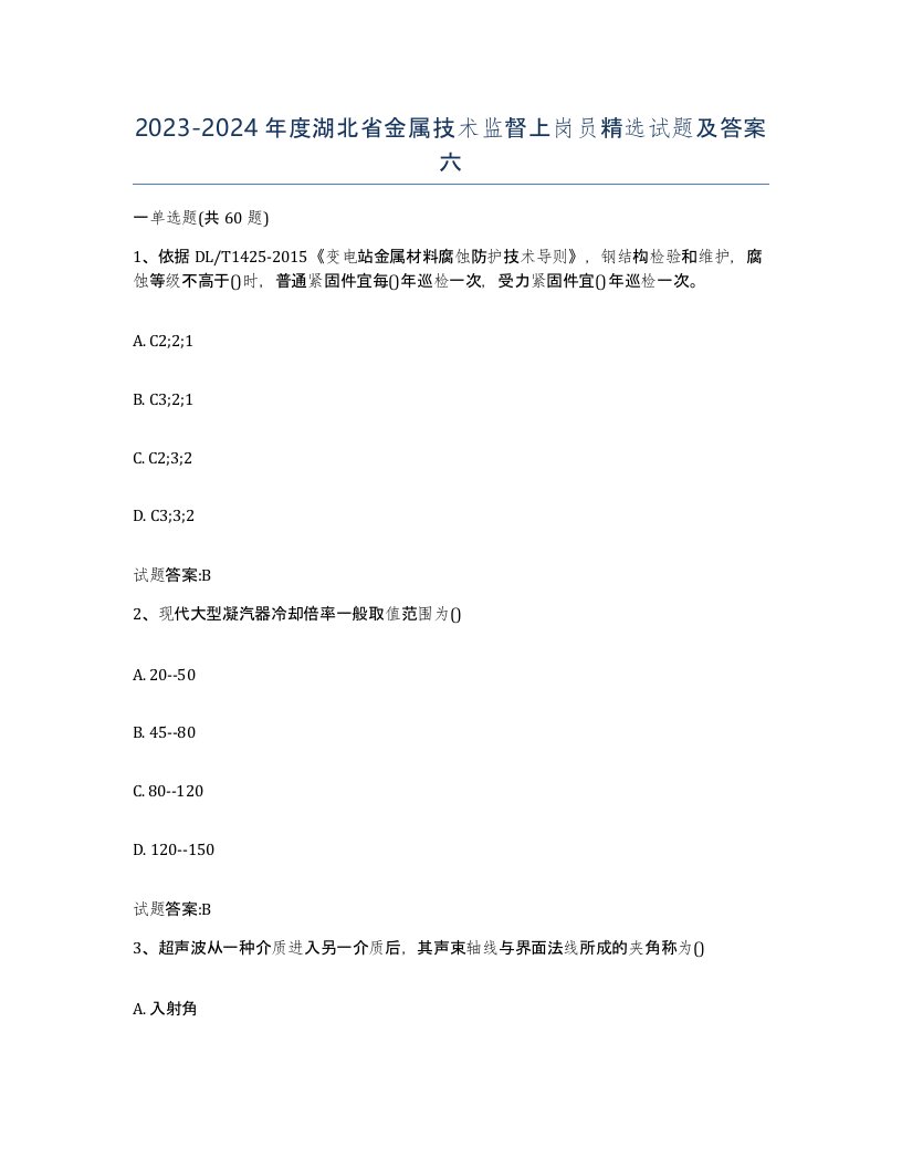 20232024年度湖北省金属技术监督上岗员试题及答案六