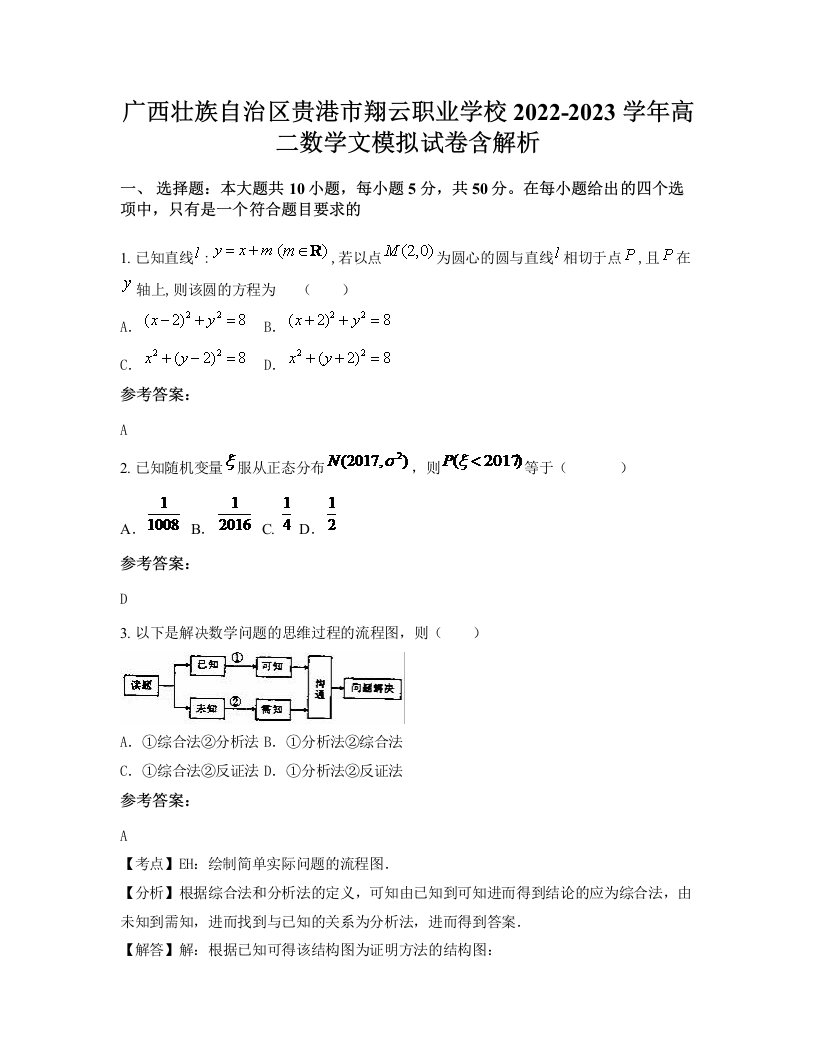 广西壮族自治区贵港市翔云职业学校2022-2023学年高二数学文模拟试卷含解析