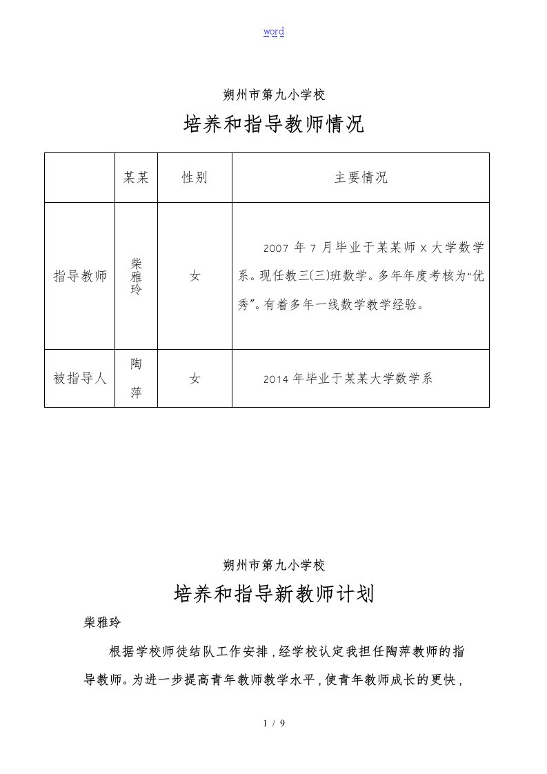 指导培养青年教师情况