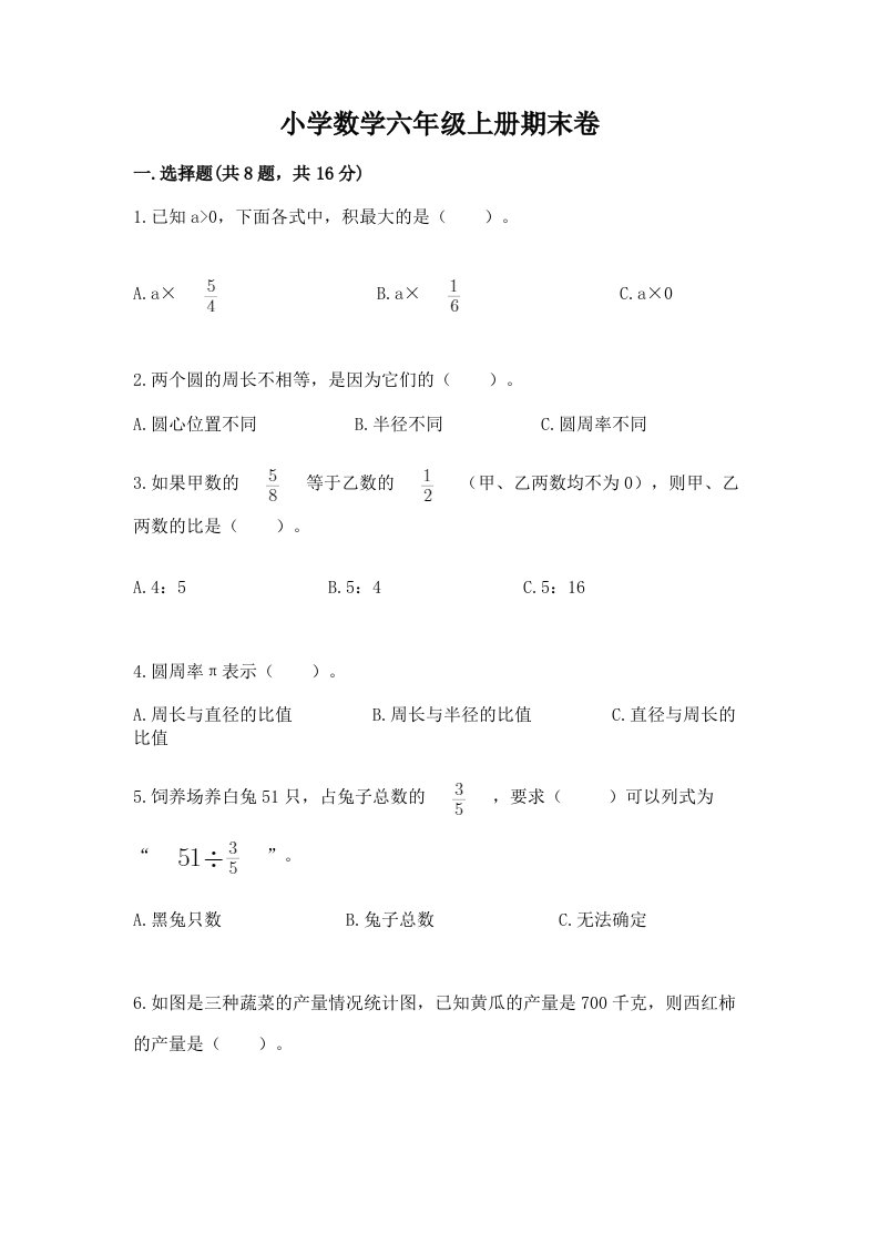 小学数学六年级上册期末卷附答案【预热题】