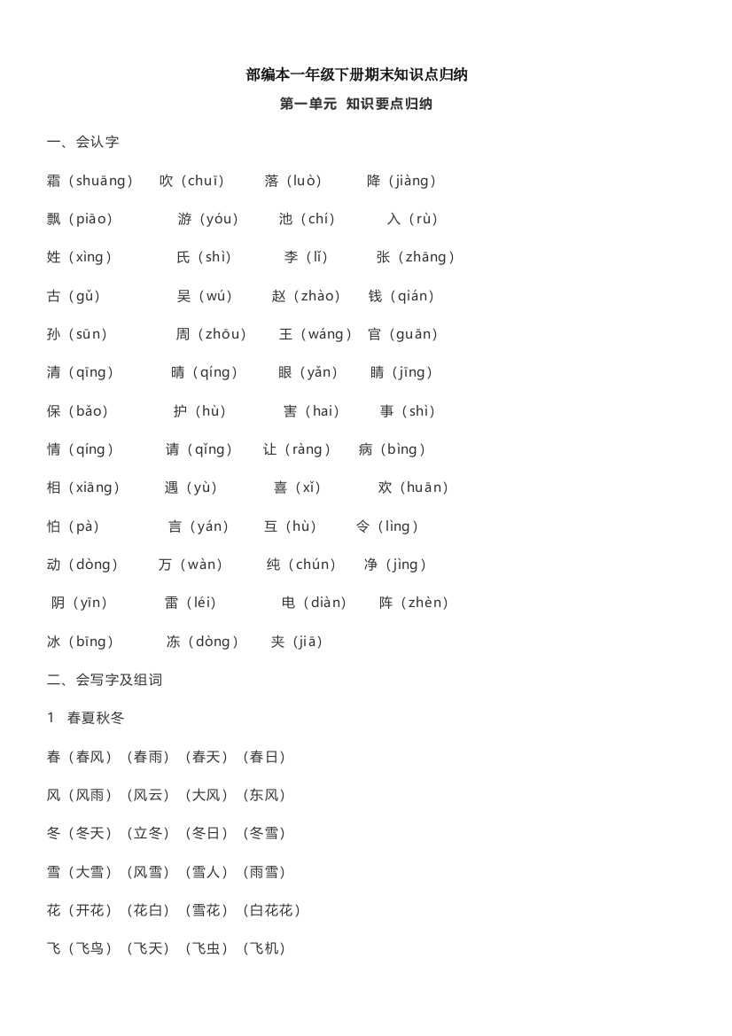 部编版一年级语文下册知识点总结(全册1-8单元)