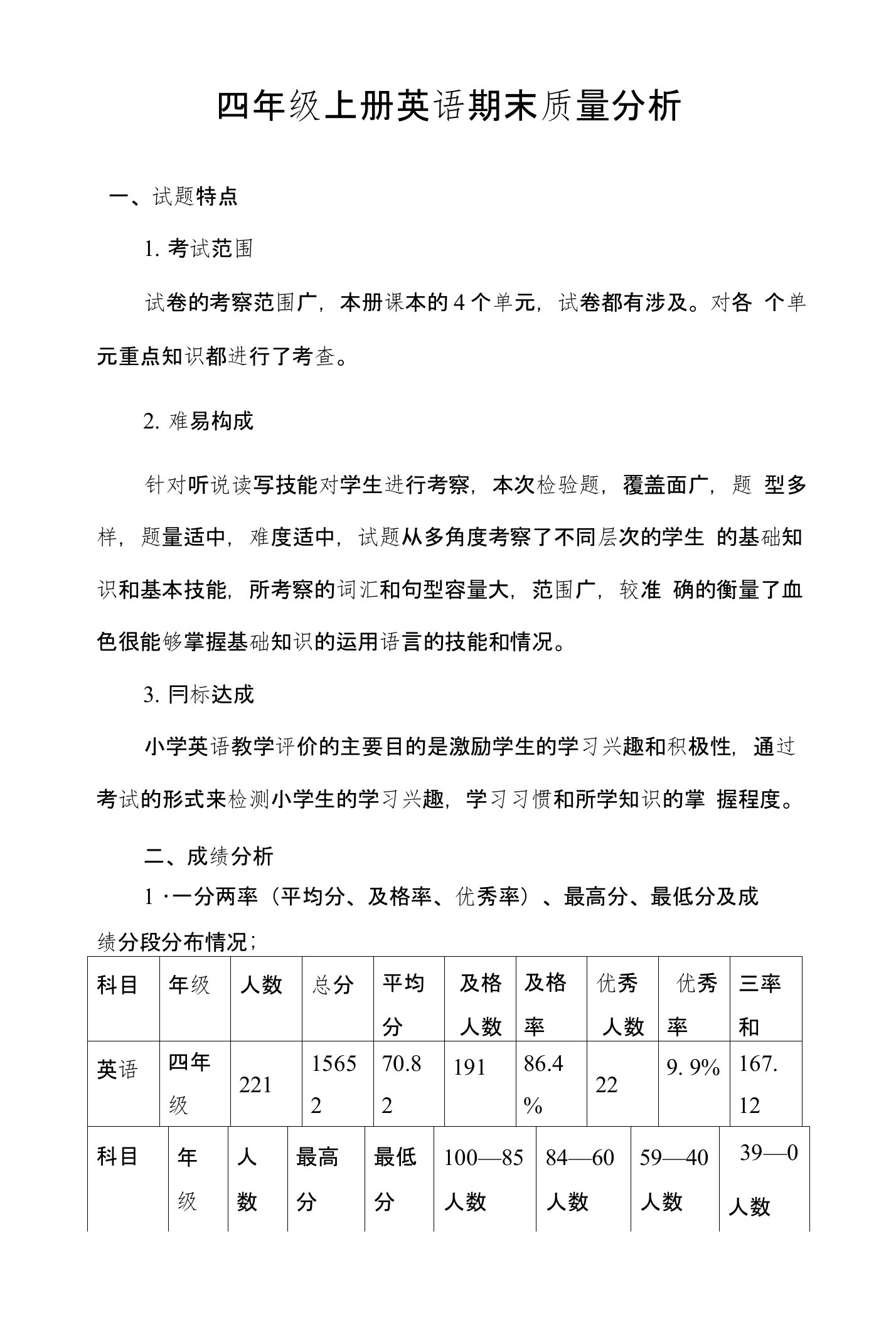 四年级英语期末质量分析