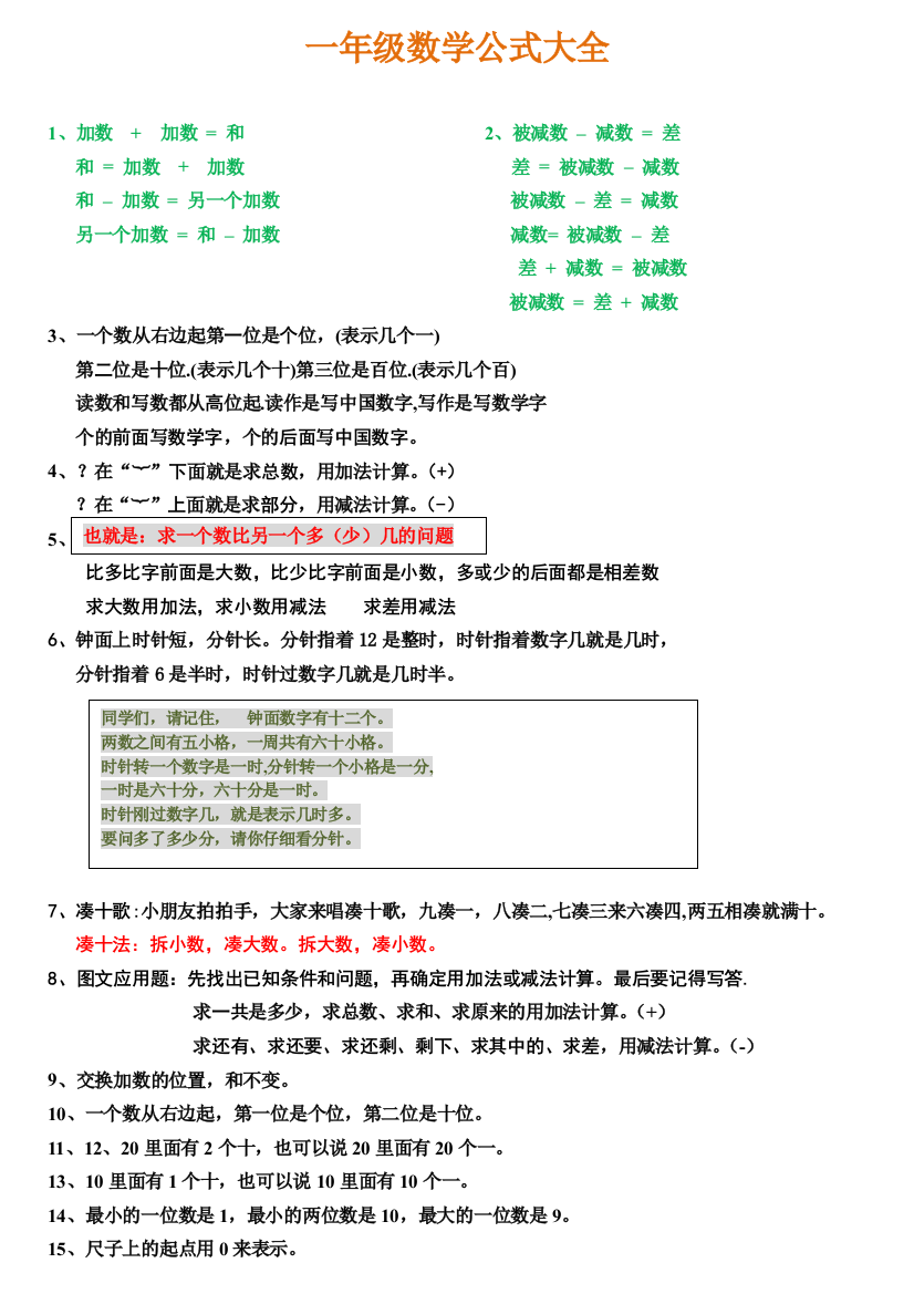 【小学精品】一年级数学概念及公式，各版本通用