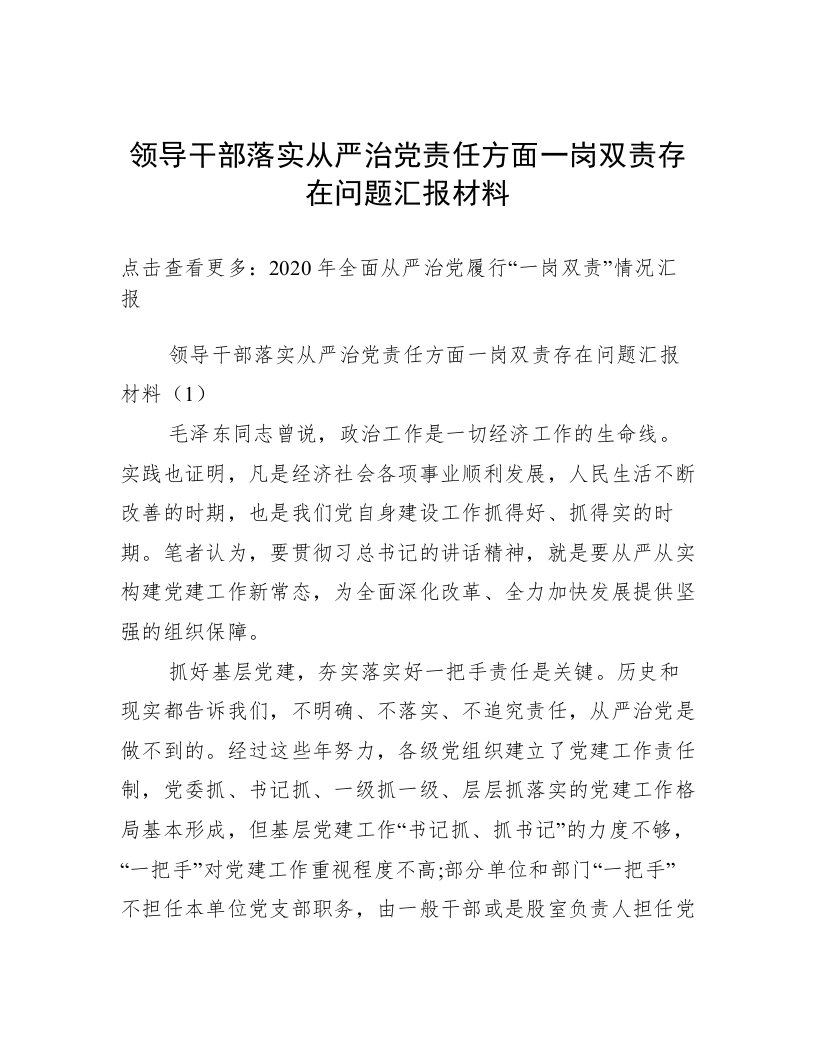 领导干部落实从严治党责任方面一岗双责存在问题汇报材料