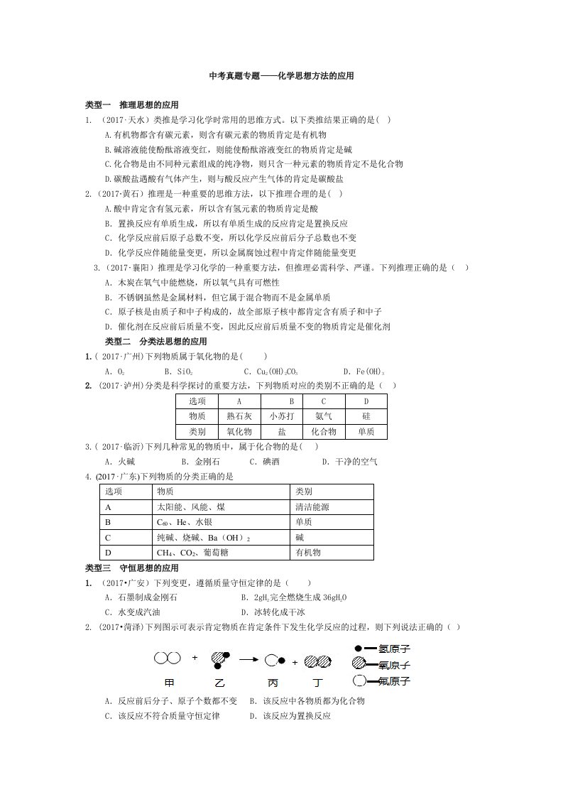 中考真题专题——化学思想方法的应用