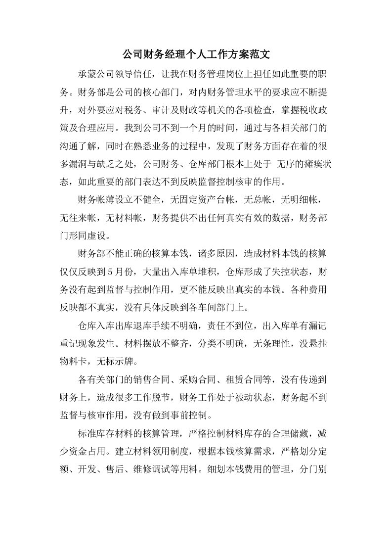 公司财务经理个人工作计划范文