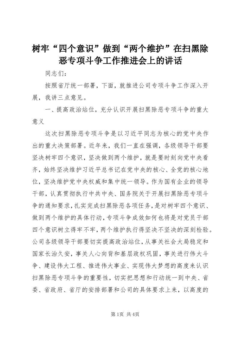 6树牢“四个意识”做到“两个维护”在扫黑除恶专项斗争工作推进会上的致辞