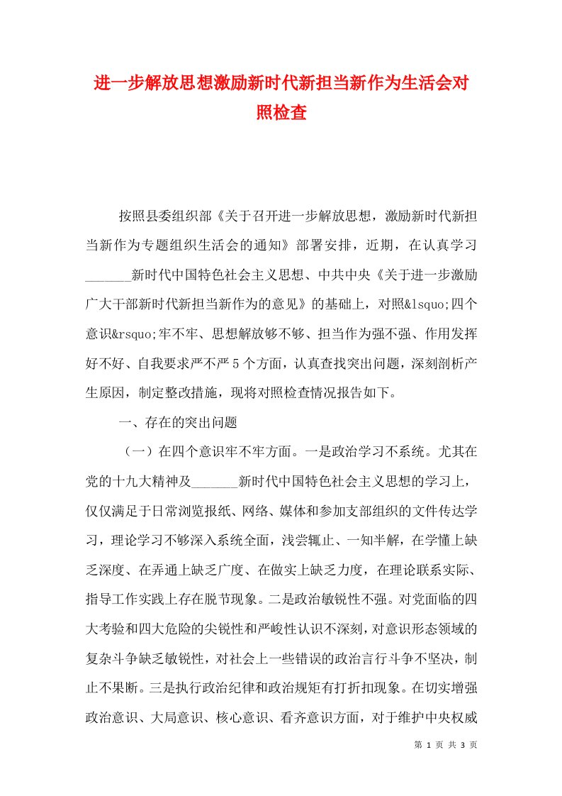 进一步解放思想激励新时代新担当新作为生活会对照检查